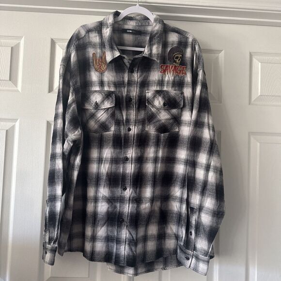 Nova Men Flannel Shirt XXXL Plaid Skater Embroidered Skull Savage Pockets Street - Picture 1 of 16